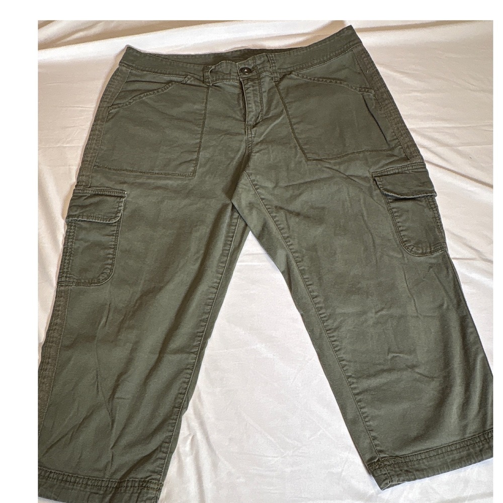 Womens Olive Green Cargo Capri Pants Utility Cropped Drawstring Hem Pockets